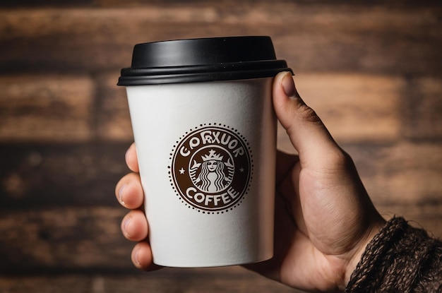 uma mão segurando uma chávena de café com as palavras café nele