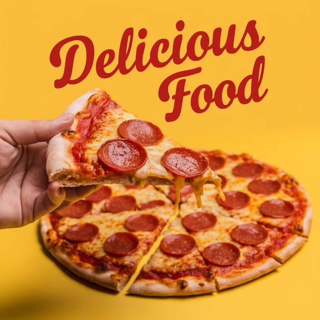 Foto uma mão segurando uma fatia de pizza com as palavras comida deliciosa escrita nela