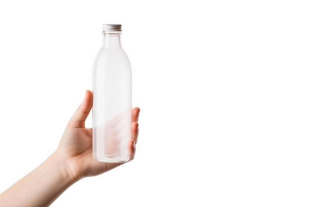 uma mão segurando uma garrafa de água com um fundo branco