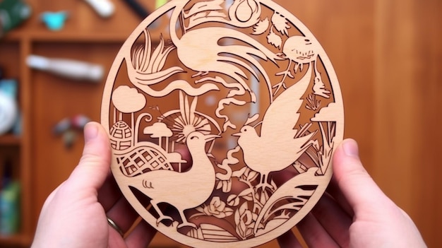 Uma mão segurando uma obra de arte em madeira com dois pássaros e um cogumelo.