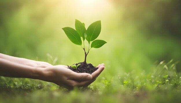 Foto uma mão segurando uma pequena planta com o sol atrás dela