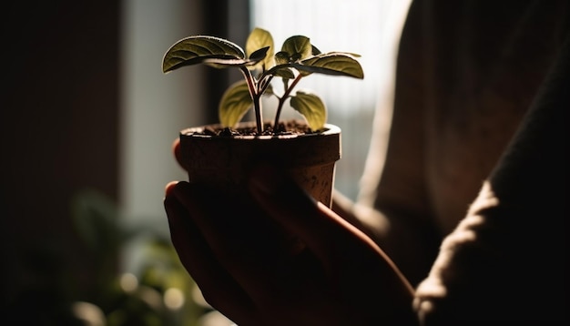 Foto uma mão segurando uma pequena semente nova vida em um vaso de flores gerado pela ia