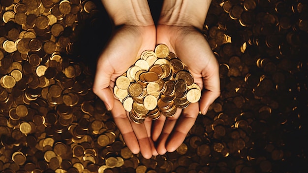 Foto uma mão segurando uma pilha de moedas de ouro
