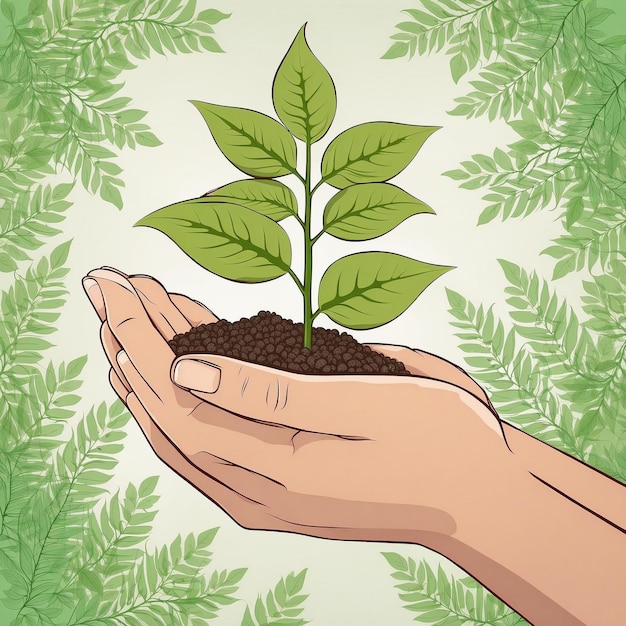 Foto uma mão segurando uma planta com folhas e uma imagem de uma planta