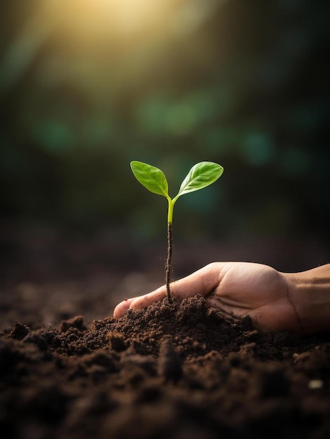 Uma mão segurando uma planta com o sol atrás dela