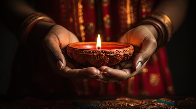 Uma mão segurando uma vela no escuro