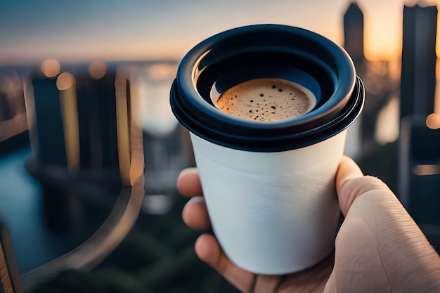 Uma mão segurando uma xícara de café com a palavra café nela