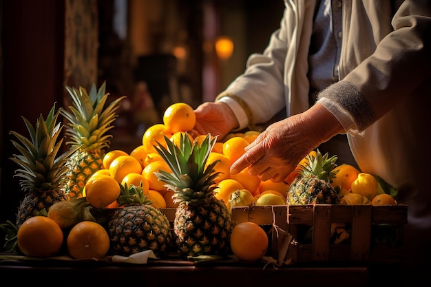 Uma mão selecionando um abacaxi maduro de um estande de frutas