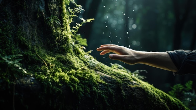 Uma mão tocou delicadamente o musgo do tronco de uma grande árvore Reflete uma profunda conexão com a natureza