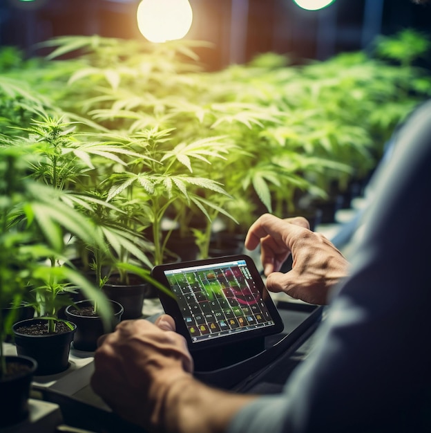 uma mão usando tablet para coletar dados sobre fazenda indoor cannabis sativa