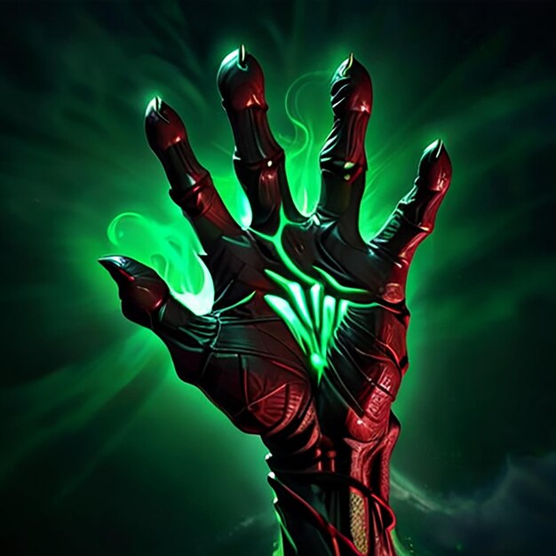 Foto uma mão verde e vermelha com um fundo verde com um brilho verde