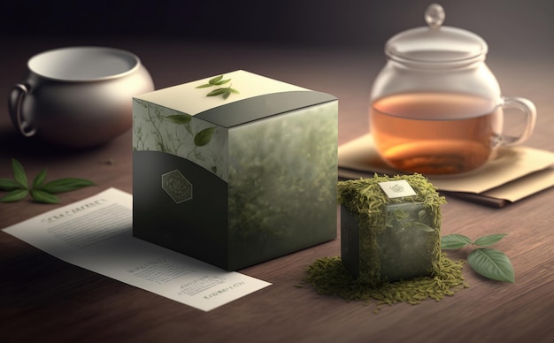 Uma maquete de caixa de chá de papel verde. maquete de caixa de café ou chá. embalagem ecológica. embalagem de alimentos. ai gerado