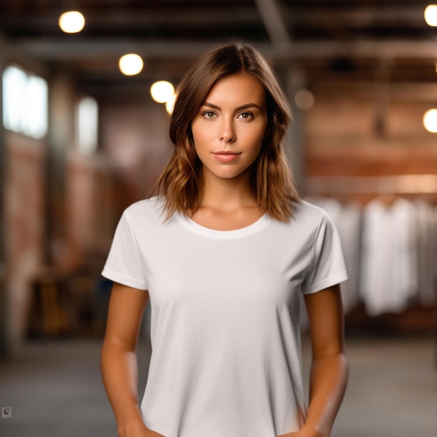 uma maquete de camiseta branca lisa enquanto uma modelo feminina