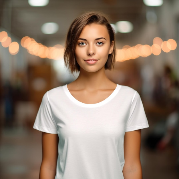 uma maquete de camiseta branca lisa enquanto uma modelo feminina