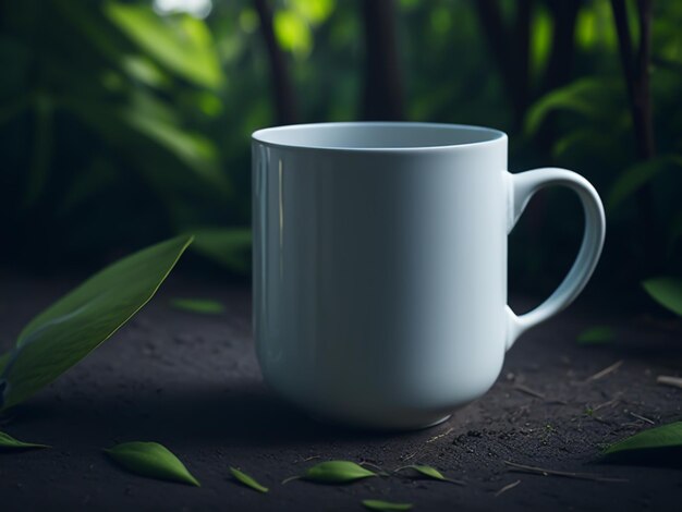 Uma maquete de caneca realista branca simples com uma alça no fundo da selva com grande ângulo de corpo inteiro