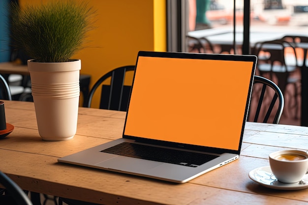 Uma maquete de laptop sobre a mesa em um café simples A parede laranja atrás