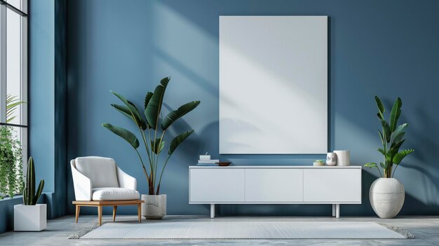 Uma maquete de lona branca em uma sala com paredes azuis com poltrona branca e aparelho