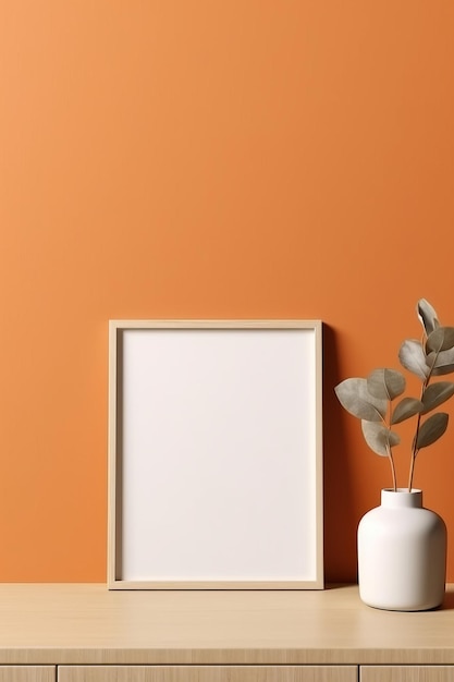 Uma maquete de quadro horizontal em um fundo pêssego claro com uma placa de madeira texturizada gerada por IA