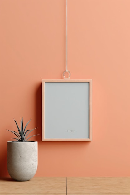 Uma maquete de quadro horizontal em um fundo pêssego claro com uma placa de madeira texturizada gerada por IA