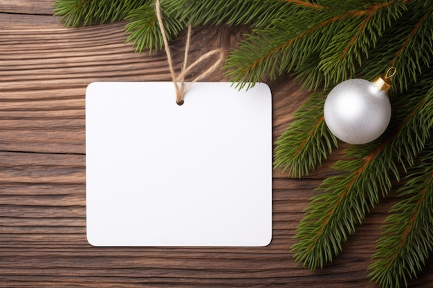 Uma maquete de um cartão de etiqueta branca, uma guirlanda com brinquedos e cones de árvore de Natal