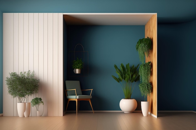 Uma maquete de um design de interiores para uma sala de estar vazia com uma parede azul e plantas de piso de madeira