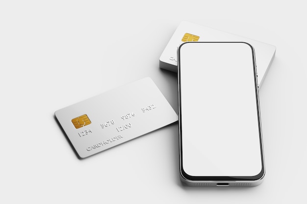 Uma maquete de um smartphone com uma tela branca em uma pilha de cartas de médio porte. Pagamentos eletrônicos. Renderização 3d