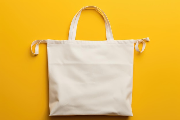 Uma maquete de uma bolsa de tecido branco com alças em um fundo amarelo Lugar para texto