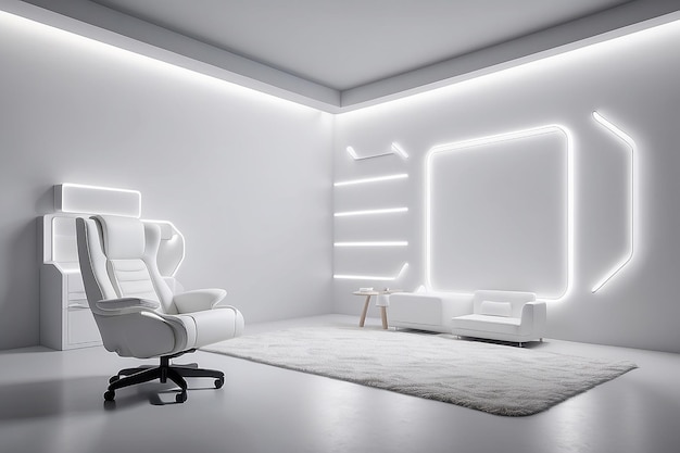 uma maquete de uma sala de jogos com elementos LED iluminados brancos uma cadeira confortável e uma parede branca em branco expansiva para expressão artística