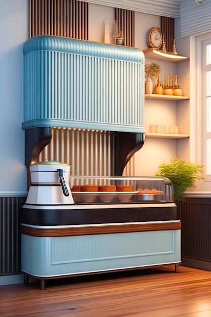 uma máquina de café com tampa listrada de azul e branco fica em uma cozinha.