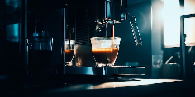 Uma máquina de café com uma xícara de café expresso dentro