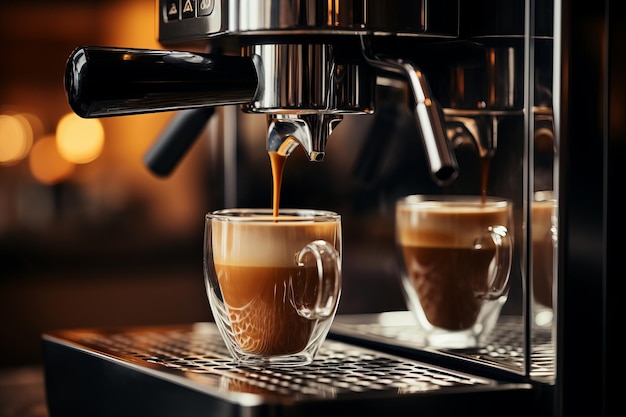 Foto uma máquina de café profissional fazendo café expresso em uma vista aproximada do café