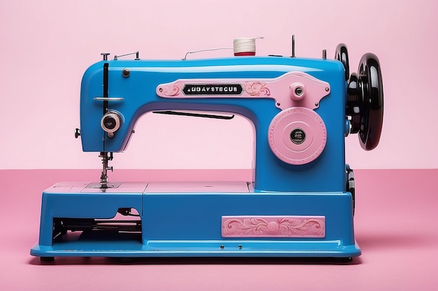 Uma máquina de costura azul com um fundo rosa