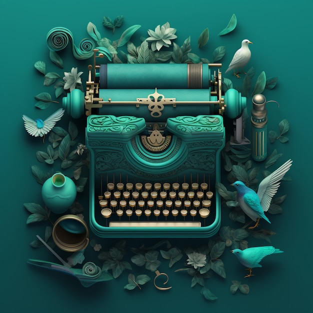 Uma máquina de escrever azul com pássaros em um fundo verde
