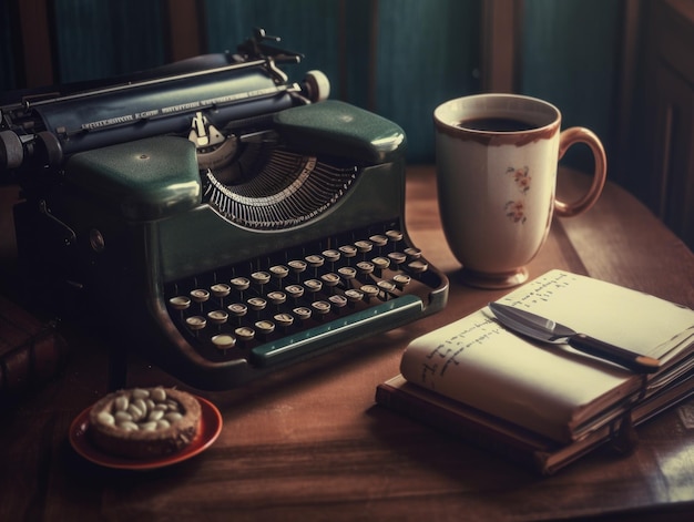 Uma máquina de escrever e uma xícara de café em uma imagem ai generativa de mesa