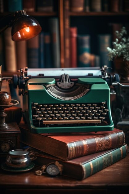 Uma máquina de escrever verde sentada em cima de uma mesa de madeira geradora de imagem ai