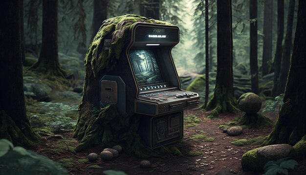 Uma máquina de jogos arcade abandonada na floresta Generative AI