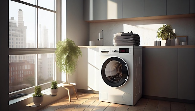 Uma máquina de lavar branca em uma cozinha moderna com uma janela ao fundo.