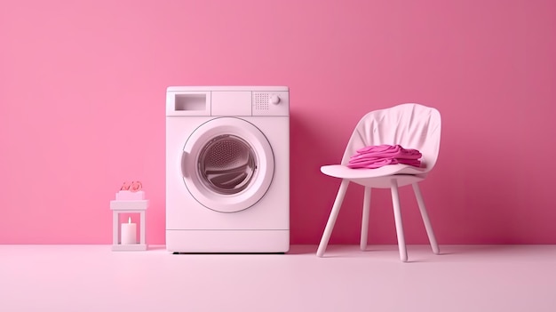 uma máquina de lavar com roupa perto da parede colorida em estilo minimalista