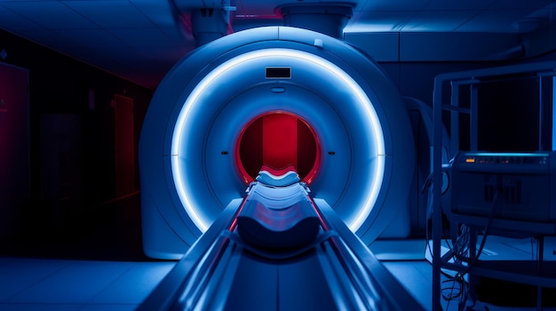 Foto uma máquina de ressonância magnética em um ambiente hospitalar com iluminação azul e vermelha pronta para realizar varreduras ai generativa