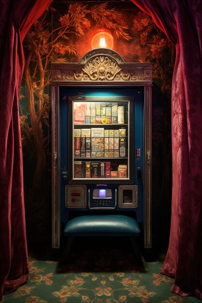 uma máquina de venda automática com uma cortina vermelha que diz vendingon ele