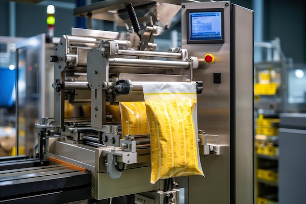 Uma máquina futurista em uma fábrica de massas tem um saco ligado a ela, enchendo-a com massas recém-fabricadas