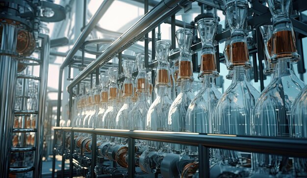 uma máquina industrial cheia de garrafas de metal no estilo de linhas suaves