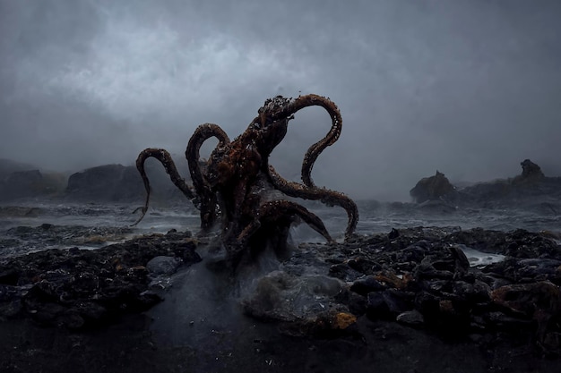 Uma maravilha enigmática da natureza: uma fotografia cativante de um polvo gigante emergindo das profundezas misteriosas da Islândia, perfeita para adicionar drama e intriga aos seus projetos criativos, criada com