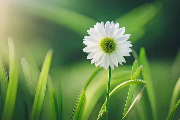 Foto uma margarida branca na relva com o sol atrás dela.