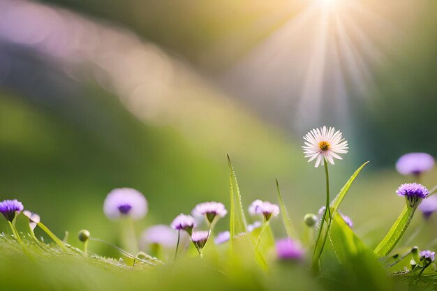 uma margarida na grama com o sol atrás dela