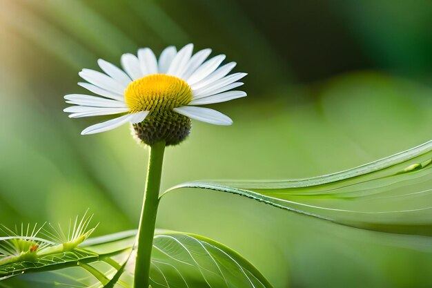 Foto uma margarida na relva com o sol a brilhar pelas folhas.