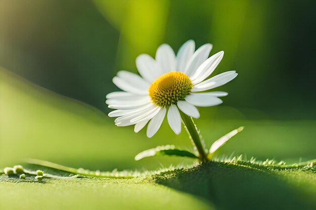 Foto uma margarida na relva com o sol a brilhar.