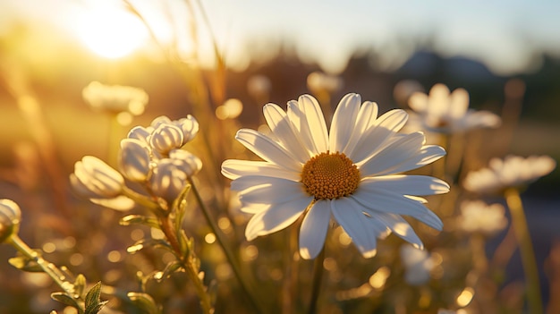 uma margarida num campo de grama com o sol atrás dela