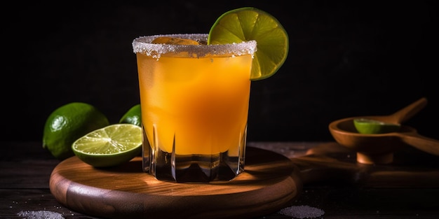 Uma margarita com limão em uma tábua de madeira