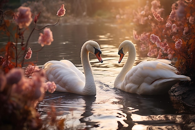 Uma margem tranquila do rio com cisnes e salgueiros foto realista